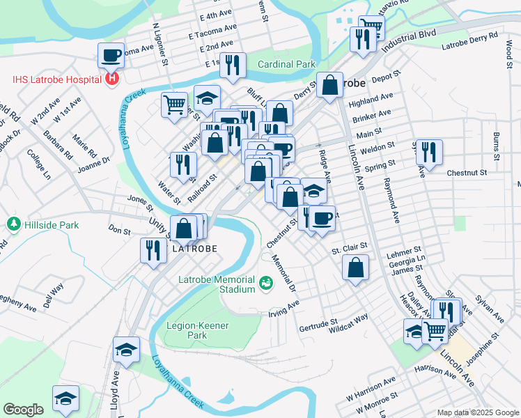 map of restaurants, bars, coffee shops, grocery stores, and more near 210 Weldon St in Latrobe