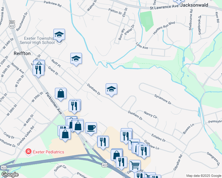 map of restaurants, bars, coffee shops, grocery stores, and more near 4355 Dunham Drive in Reading