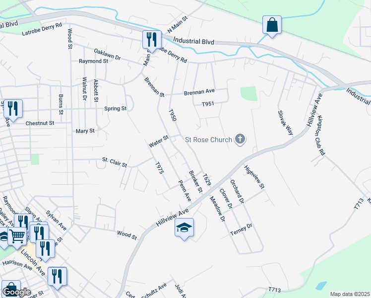 map of restaurants, bars, coffee shops, grocery stores, and more near 149 Brinker Street in Latrobe