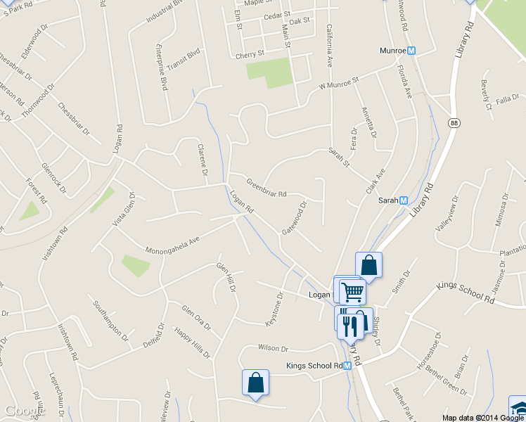 map of restaurants, bars, coffee shops, grocery stores, and more near 1095 Logan Rd in Bethel Park