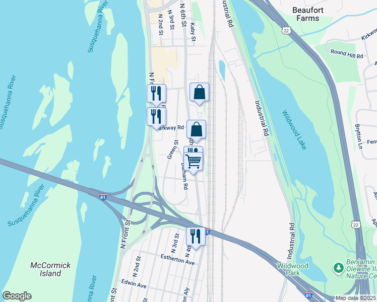 map of restaurants, bars, coffee shops, grocery stores, and more near 3940 North 6th Street in Harrisburg