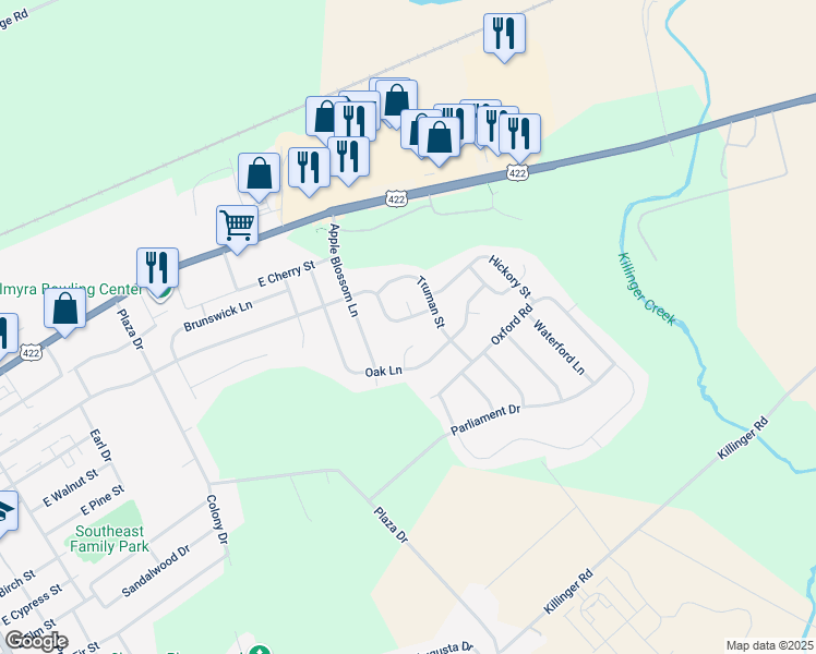 map of restaurants, bars, coffee shops, grocery stores, and more near 1438 East Maple Street in Palmyra