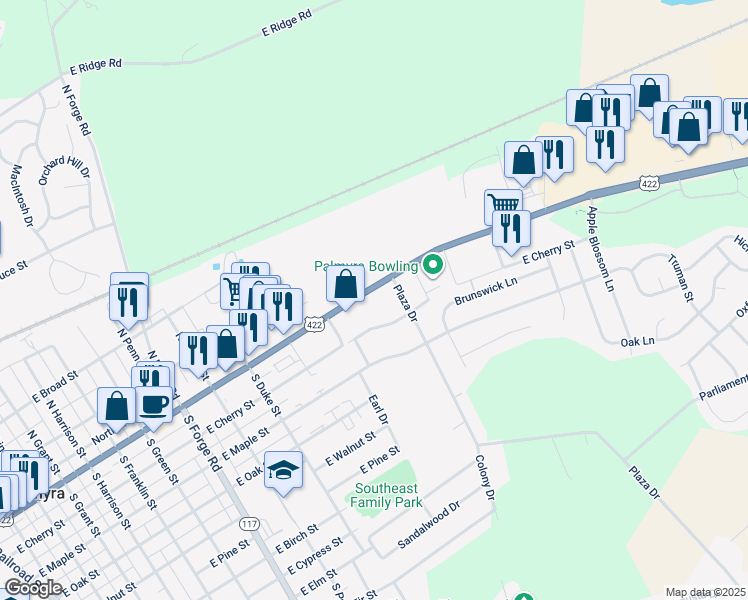 map of restaurants, bars, coffee shops, grocery stores, and more near 1036 East Main Street in Palmyra