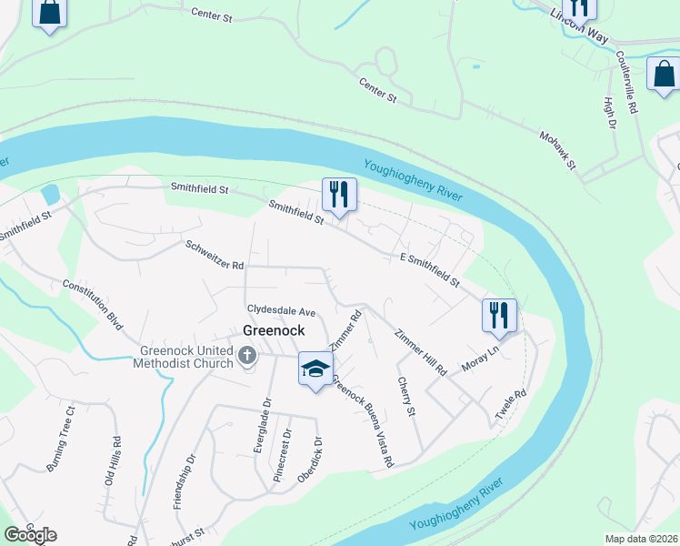 map of restaurants, bars, coffee shops, grocery stores, and more near 1008 Schweitzer Road in McKeesport