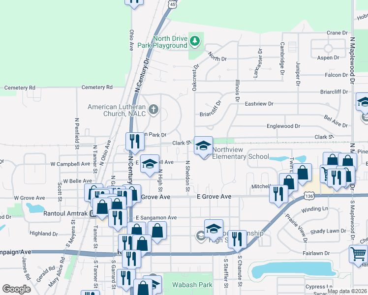 map of restaurants, bars, coffee shops, grocery stores, and more near 600 Clark Street in Rantoul
