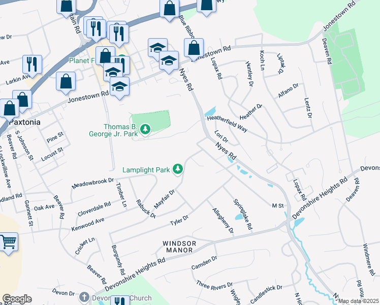 map of restaurants, bars, coffee shops, grocery stores, and more near 6128 Mayfair Dr in Harrisburg