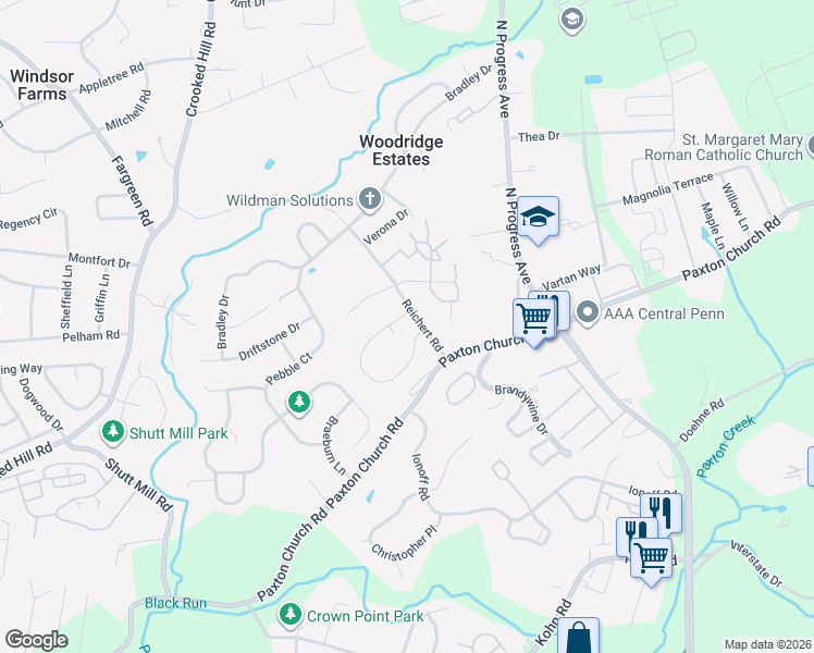 map of restaurants, bars, coffee shops, grocery stores, and more near 2101 Reichert Road in Harrisburg