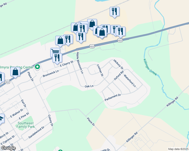 map of restaurants, bars, coffee shops, grocery stores, and more near 1438 East Maple Street in Palmyra
