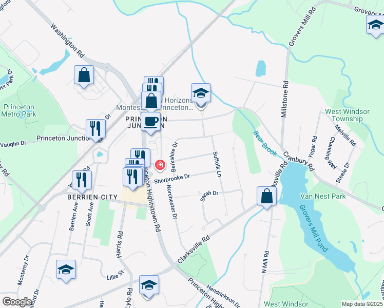 map of restaurants, bars, coffee shops, grocery stores, and more near 7 Wycombe Way in West Windsor Township
