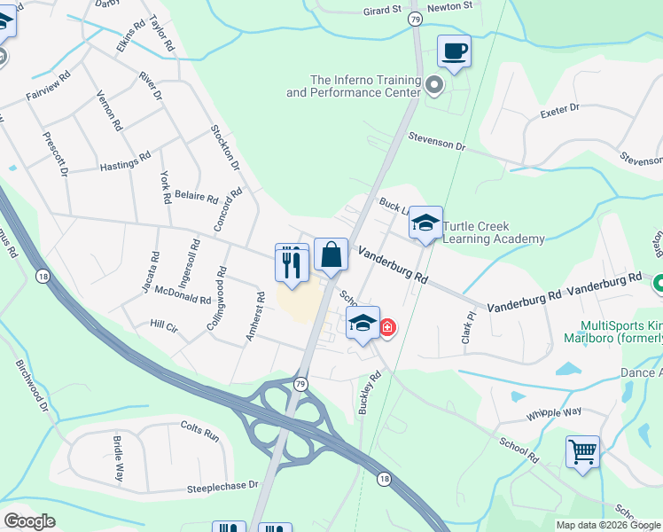 map of restaurants, bars, coffee shops, grocery stores, and more near 9 North Main Street in Marlboro Township