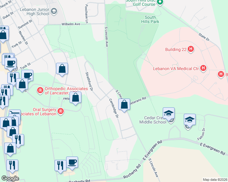 map of restaurants, bars, coffee shops, grocery stores, and more near 139 Monticello Drive in Lebanon