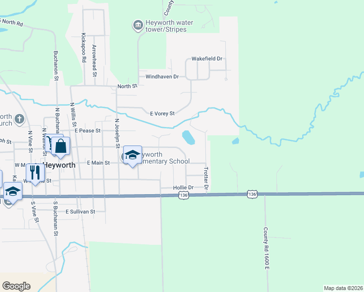 map of restaurants, bars, coffee shops, grocery stores, and more near 810 East Newton Street in Heyworth