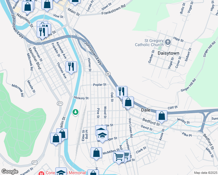 map of restaurants, bars, coffee shops, grocery stores, and more near 308R Oak Street in Johnstown