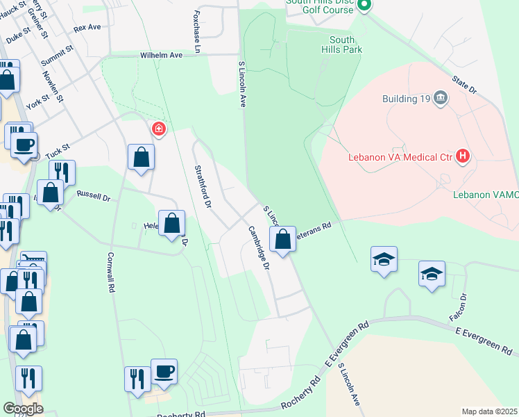 map of restaurants, bars, coffee shops, grocery stores, and more near 139 Monticello Drive in Lebanon