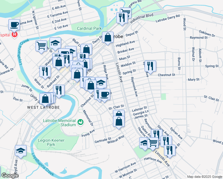 map of restaurants, bars, coffee shops, grocery stores, and more near 1216 Ridge Ave in Latrobe