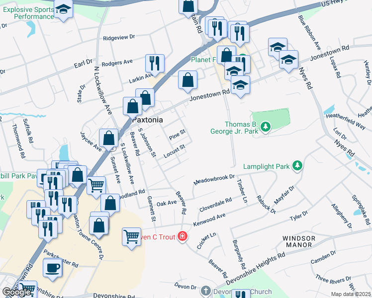 map of restaurants, bars, coffee shops, grocery stores, and more near 5549 Locust Street in Harrisburg