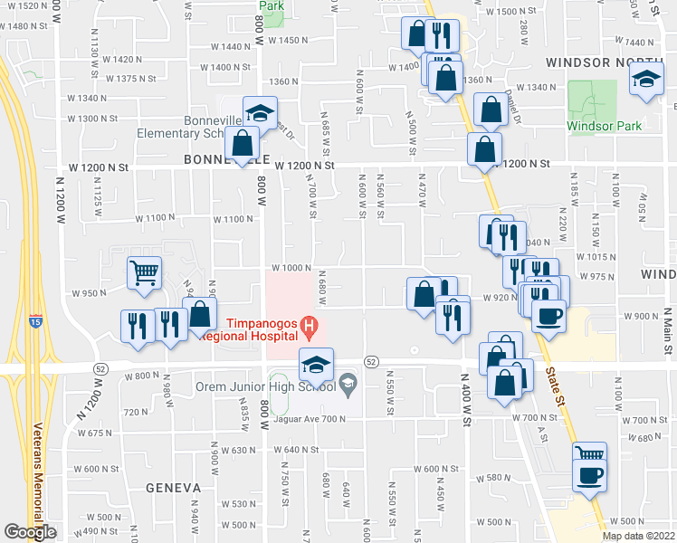 map of restaurants, bars, coffee shops, grocery stores, and more near 647 West 1000 North Street in Orem