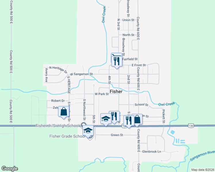 map of restaurants, bars, coffee shops, grocery stores, and more near 301 4th Street in Fisher