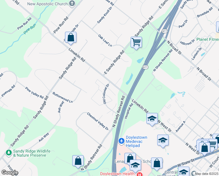 map of restaurants, bars, coffee shops, grocery stores, and more near 23 Gatehouse Lane in Doylestown