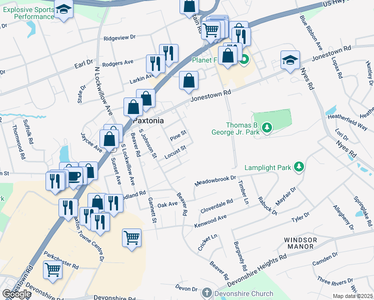 map of restaurants, bars, coffee shops, grocery stores, and more near 5549 Locust Street in Harrisburg