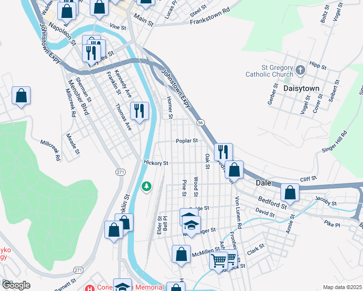 map of restaurants, bars, coffee shops, grocery stores, and more near 304 Pine Street in Johnstown