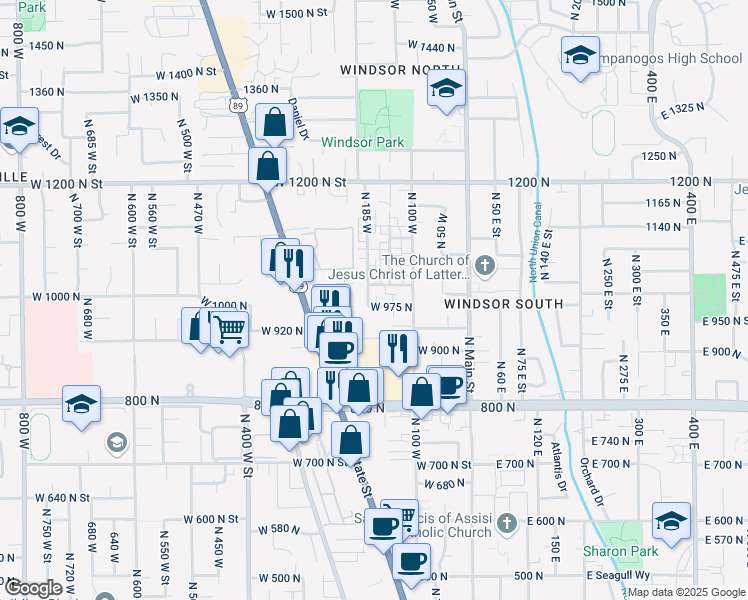 map of restaurants, bars, coffee shops, grocery stores, and more near 999 North 185 West in Orem