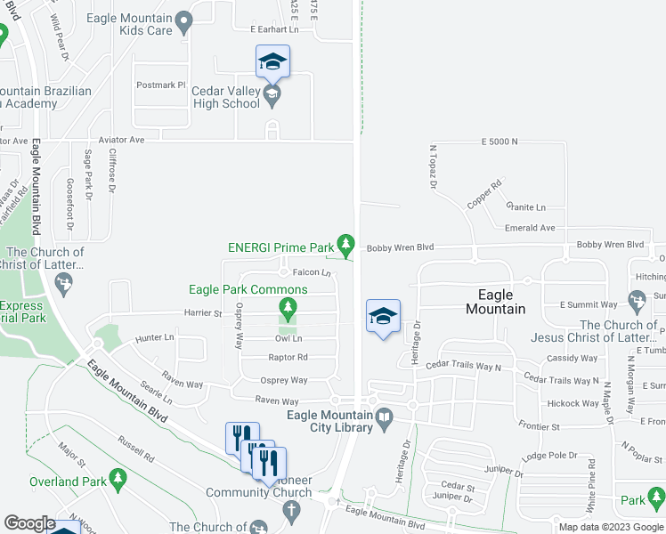map of restaurants, bars, coffee shops, grocery stores, and more near 1517 Falcon Lane in Eagle Mountain