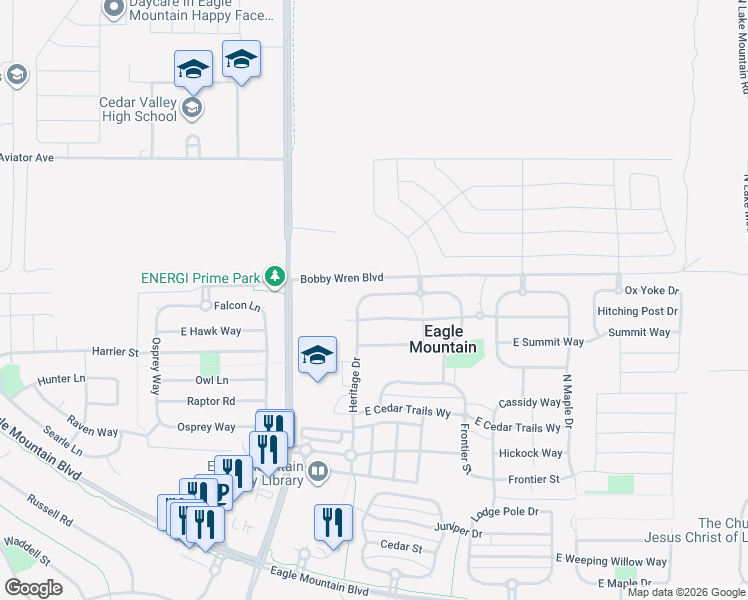 map of restaurants, bars, coffee shops, grocery stores, and more near 1776 East Church Way in Eagle Mountain