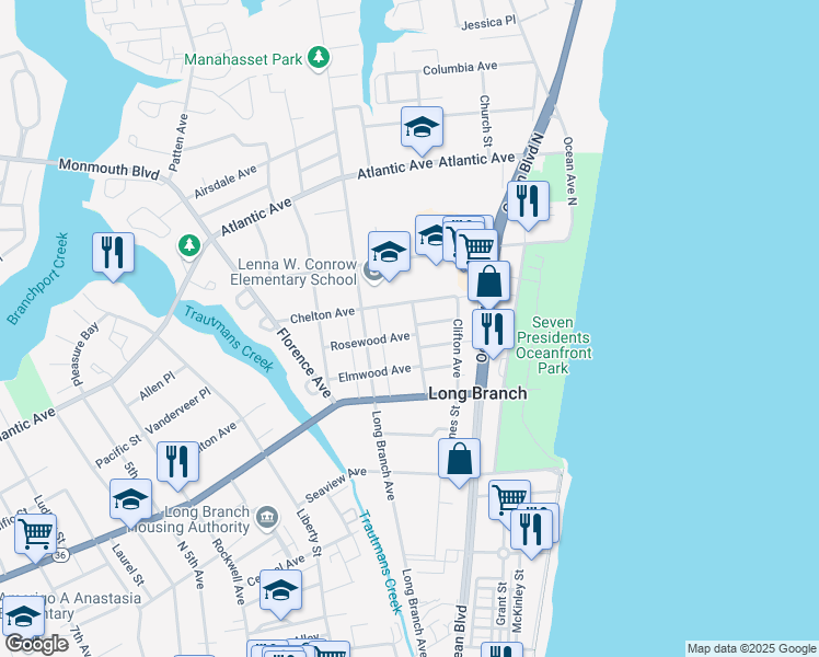 map of restaurants, bars, coffee shops, grocery stores, and more near 119 Rosewood Avenue in Long Branch