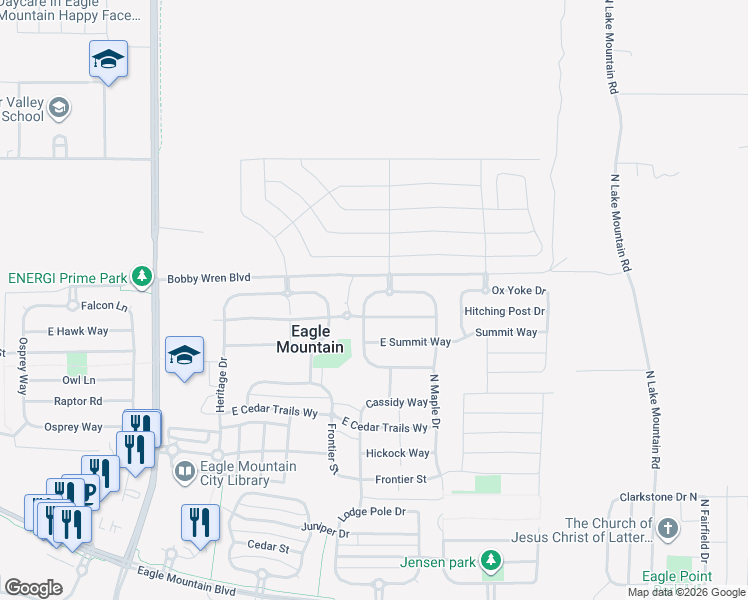map of restaurants, bars, coffee shops, grocery stores, and more near 2068 Jordan Way in Eagle Mountain