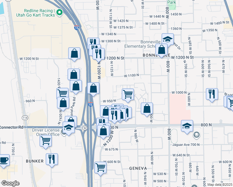 map of restaurants, bars, coffee shops, grocery stores, and more near 1081 West 993 North in Orem