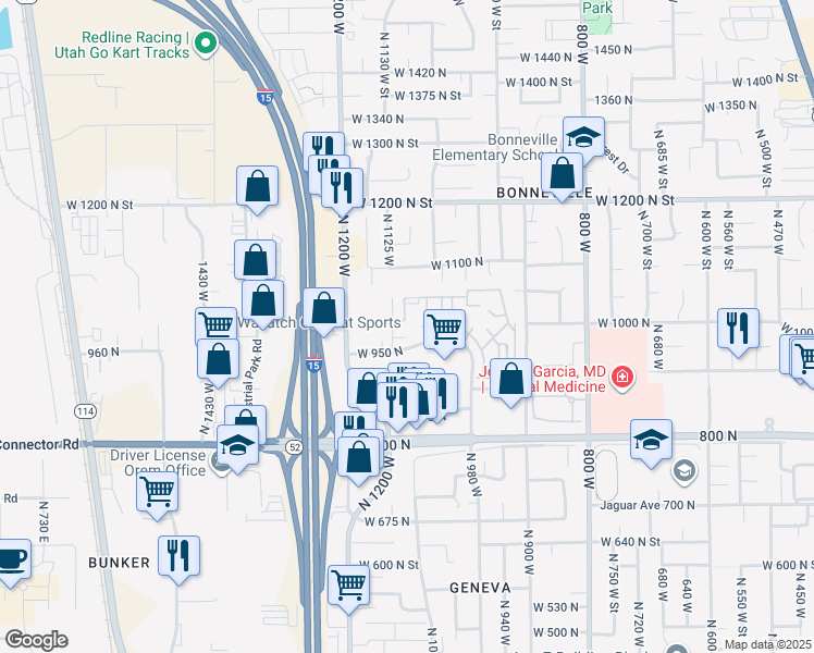 map of restaurants, bars, coffee shops, grocery stores, and more near 1081 West 993 North in Orem