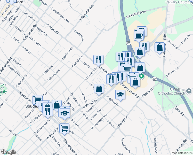 map of restaurants, bars, coffee shops, grocery stores, and more near 418 Market Street in Souderton