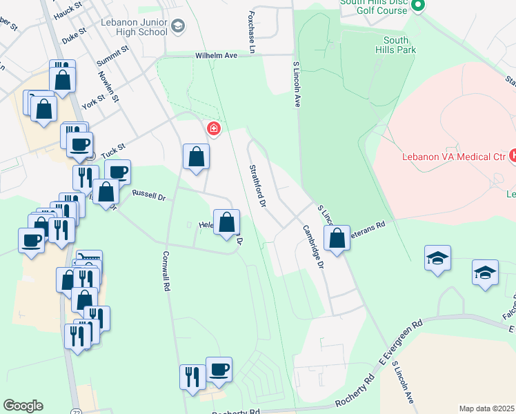 map of restaurants, bars, coffee shops, grocery stores, and more near 41 Strathford Drive in Lebanon