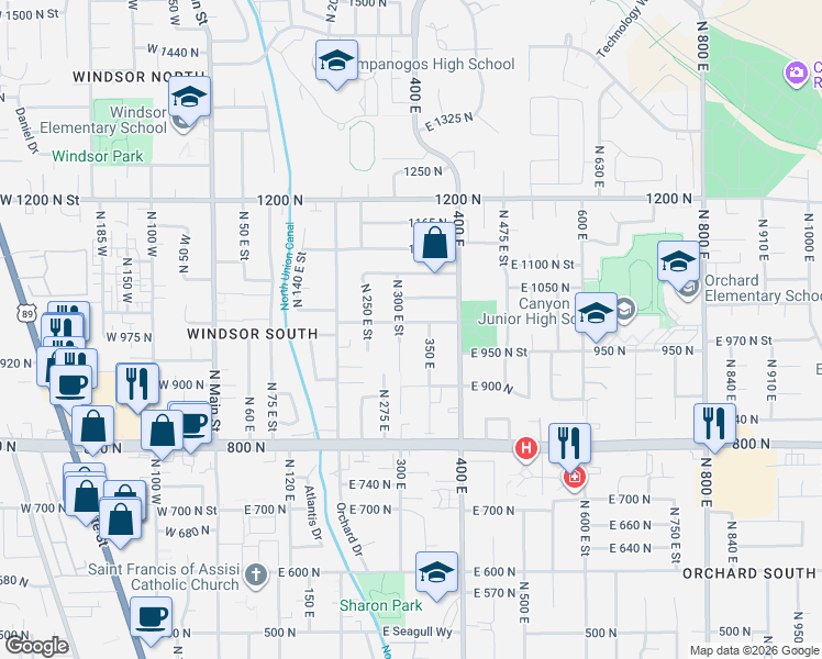 map of restaurants, bars, coffee shops, grocery stores, and more near 992 300 East in Orem
