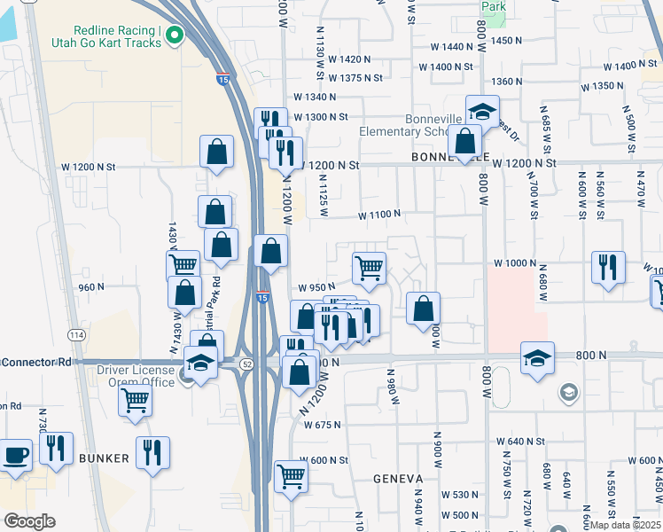 map of restaurants, bars, coffee shops, grocery stores, and more near 1004 North 1090 West Street in Orem