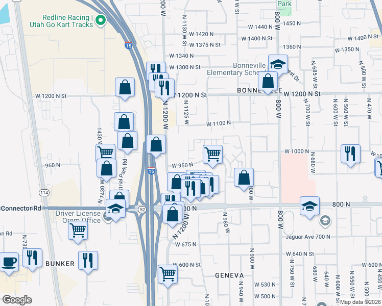 map of restaurants, bars, coffee shops, grocery stores, and more near 1004 North 1090 West Street in Orem