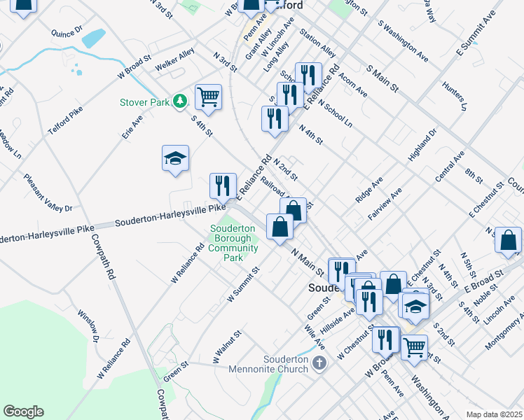 map of restaurants, bars, coffee shops, grocery stores, and more near 29 Harrison Avenue in Souderton