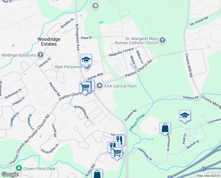 map of restaurants, bars, coffee shops, grocery stores, and more near 2325 Paxton Church Road in Harrisburg