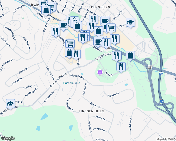 map of restaurants, bars, coffee shops, grocery stores, and more near 8850 Barnes Lake Rd in Irwin