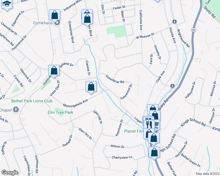 map of restaurants, bars, coffee shops, grocery stores, and more near 1095 Logan Road in Bethel Park