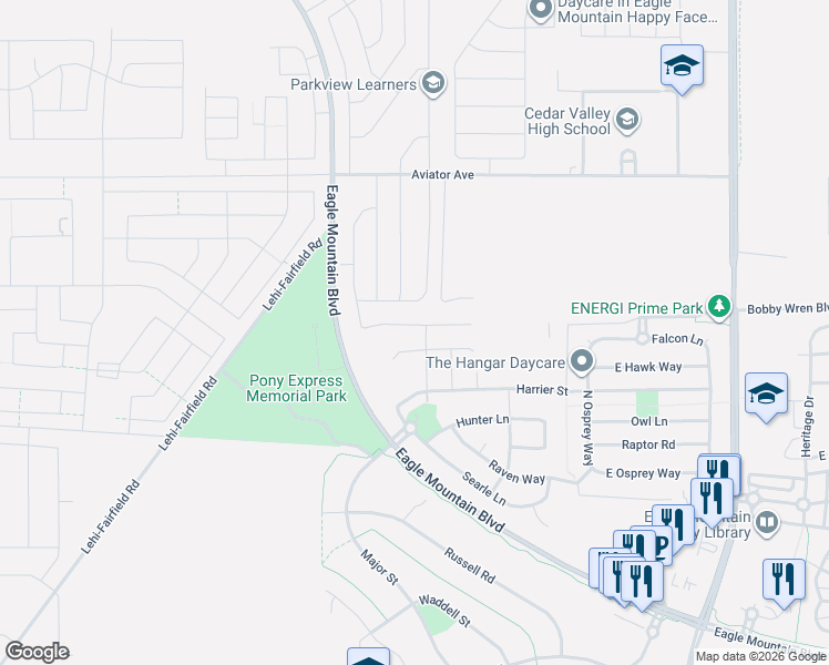 map of restaurants, bars, coffee shops, grocery stores, and more near 1186 East Antelope Drive in Eagle Mountain