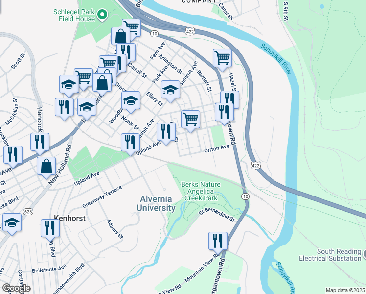 map of restaurants, bars, coffee shops, grocery stores, and more near 513 Pansy Street in Reading