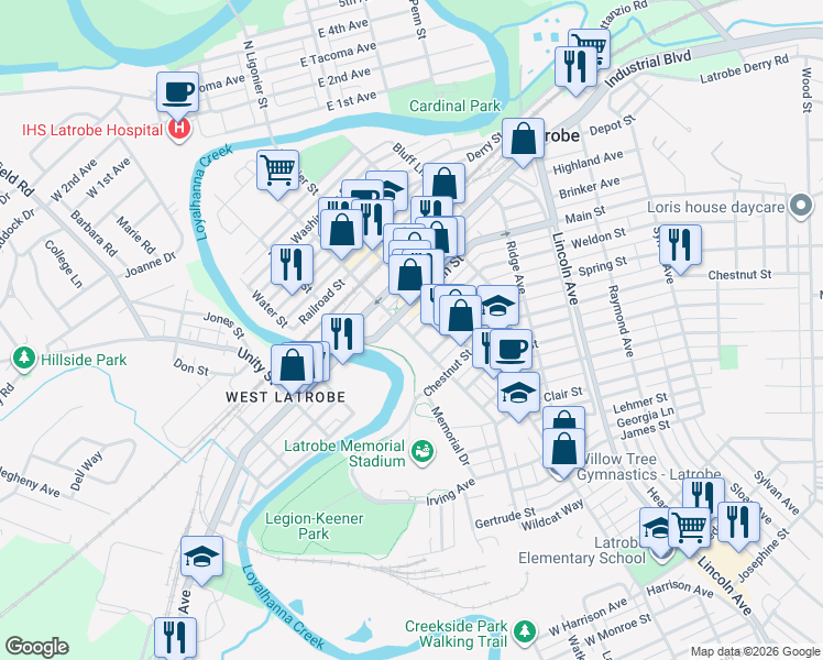 map of restaurants, bars, coffee shops, grocery stores, and more near 200 Weldon Street in Latrobe