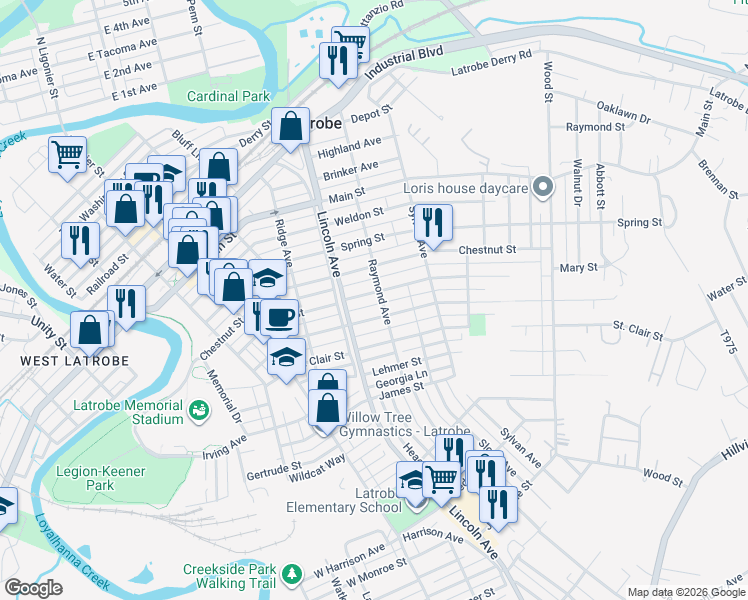 map of restaurants, bars, coffee shops, grocery stores, and more near 627 Walnut St in Latrobe