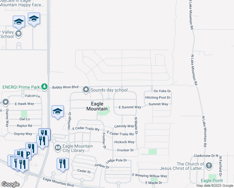 map of restaurants, bars, coffee shops, grocery stores, and more near 2068 Jordan Way in Eagle Mountain