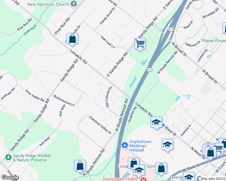 map of restaurants, bars, coffee shops, grocery stores, and more near 9 Gatehouse Lane in Doylestown
