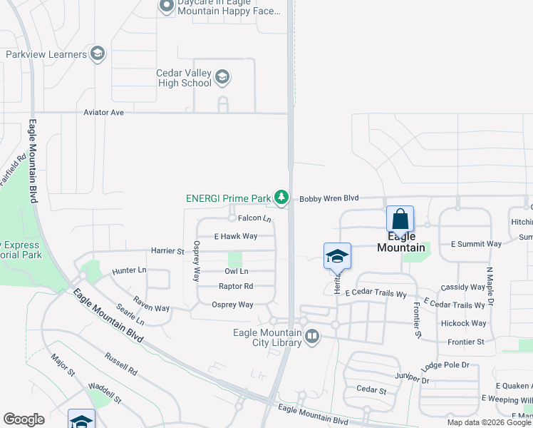 map of restaurants, bars, coffee shops, grocery stores, and more near 1507 Falcon Lane in Eagle Mountain