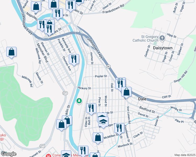map of restaurants, bars, coffee shops, grocery stores, and more near 304 Pine Street in Johnstown