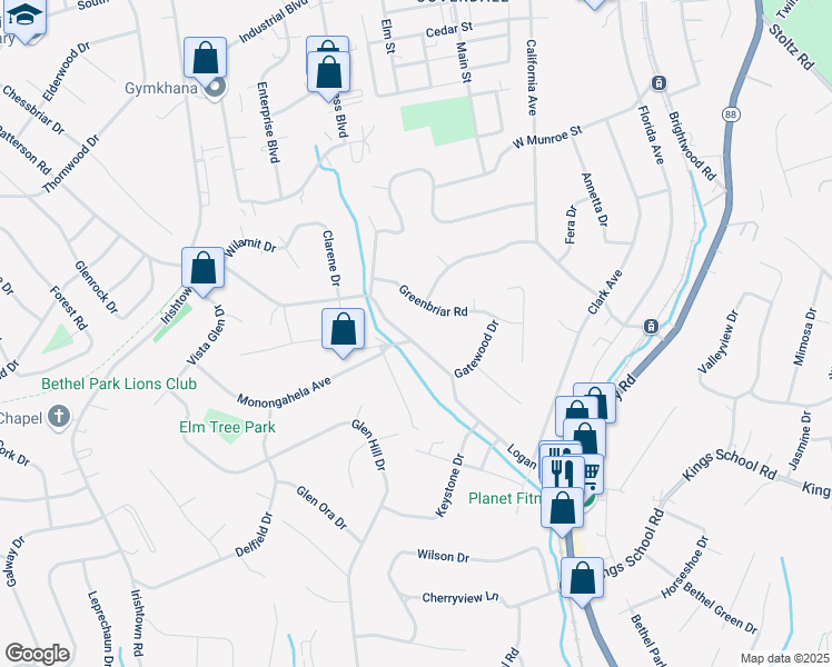 map of restaurants, bars, coffee shops, grocery stores, and more near 1095 Logan Road in Bethel Park